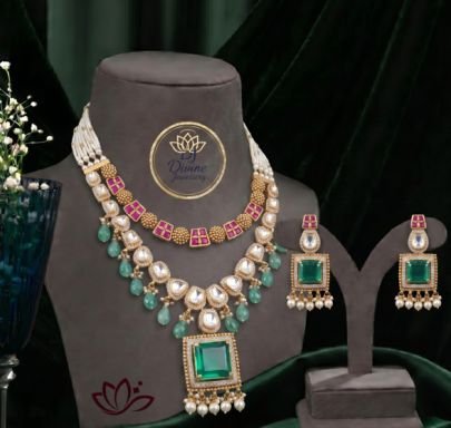 Divine Jewellery Elegant Emerald Kundan Pearl Necklace Set for Women | Gold Plated Silver Bridal Jewellery with Earrings
