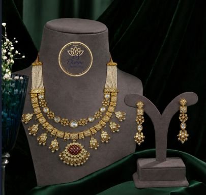 Divine Jewellery Elegant Kundan Pearl Bridal Necklace Set with Ruby Pendant | Divine Jewellery