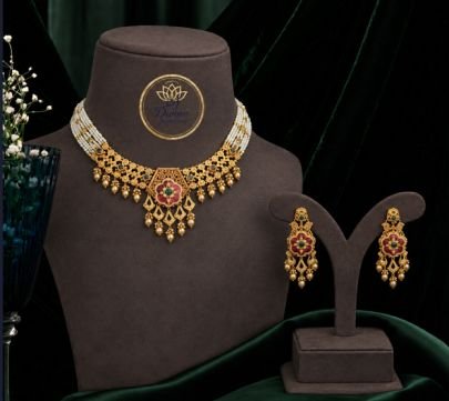 Divine Jewellery Elegant Pearl Layered Gold-Plated Choker Necklace Set with Floral Pendant & Earrings