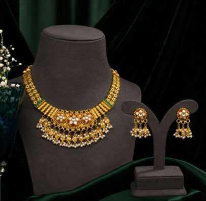 Divine Jewellery Elegant Pearl Drop Choker Necklace Set with Traditional Earrings – Gold Plated Silver Jewellery