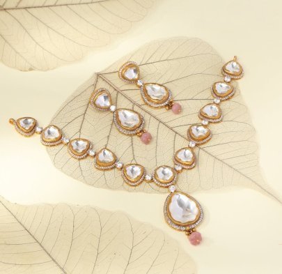 Divine Jewellery Elegant Polki Crystal Necklace Set with Teardrop Stones and Pink Bead Drops