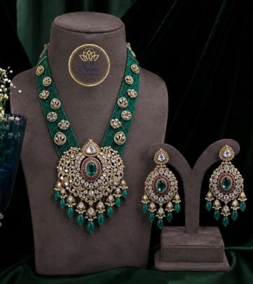 Divine Jewellery Emerald Beaded Kundan Pendant Necklace Set with Earrings | Gold Plated 92.5 Silver Bridal Jewellery