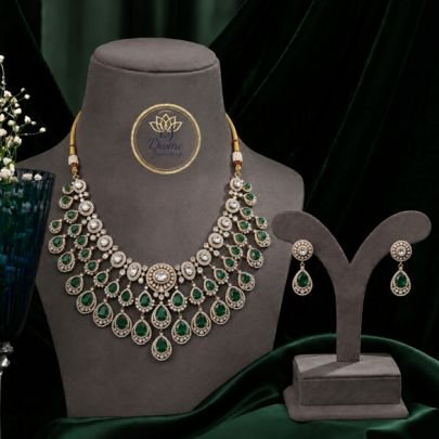 Divine Jewellery Emerald CZ Bridal Necklace Set with Earrings | Green Teardrop Stone Gold Plated 92.5 Silver Jewellery