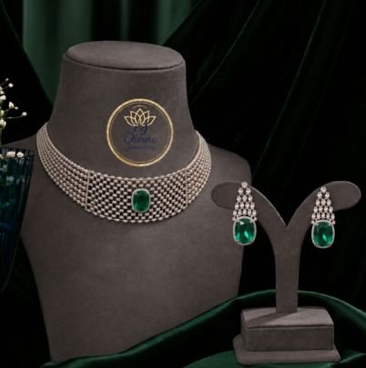 Divine Jewellery Emerald CZ Choker Necklace Set with Earrings | Rhodium Plated 92.5 Silver Bridal Jewellery