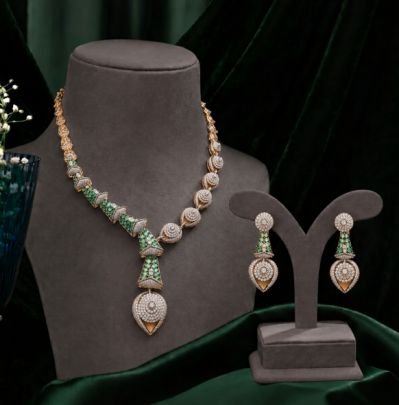 Divine Jewellery Emerald CZ Designer Necklace Set with Earrings | Rose Gold Plated 92.5 Silver Luxury Jewellery