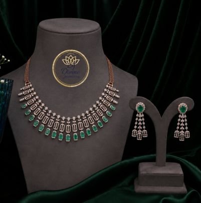Divine Jewellery Emerald CZ Designer Necklace Set with Earrings | Rose Gold Plated 92.5 Silver Luxury Jewellery