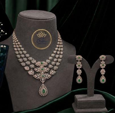 Divine Jewellery Emerald CZ Layered Necklace Set with Earrings | Rose Gold Plated 92.5 Silver Bridal Jewellery