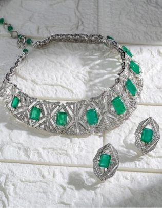 Divine Jewellery Emerald Crystal Geometric Art Deco Necklace Set