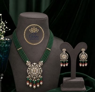 Divine Jewellery Emerald Green Beaded Necklace Set with Chandbali Earrings for Women | Silver Gold Plated Traditional Jewellery