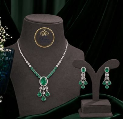 Divine Jewellery Emerald Green CZ Diamond Necklace Set for Women | 92.5 Silver Luxury Party Wear Jewellery with Earrings