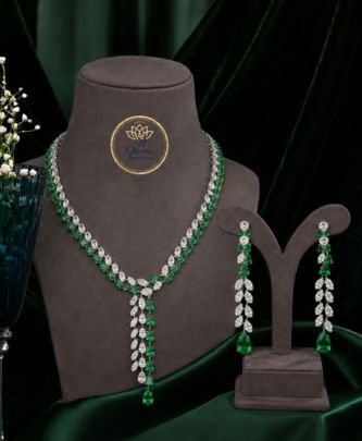 Divine Jewellery Emerald Green Diamond Necklace Set for Women | Silver Plated American Diamond Bridal Jewellery with Earrings