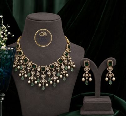 Divine Jewellery Emerald Green Stone Choker Necklace Set for Women | 92.5 Silver Gold Plated Designer Necklace with Earrings