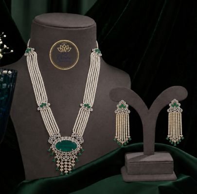 Divine Jewellery Emerald Green Victorian Pearl Mala Necklace Set with Matching Earrings | Premium 92.5 Silver Base Jewellery