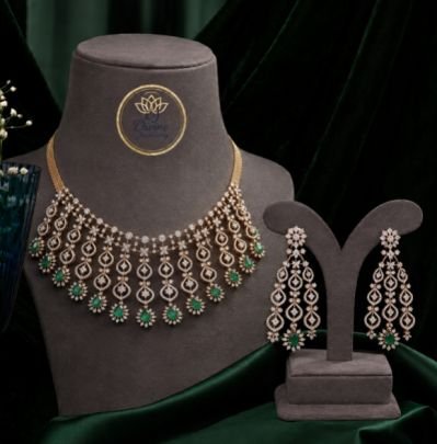 Divine Jewellery Emerald Green Floral Necklace Set with Long Earrings | 92.5 Silver Gold Plated American Diamond Bridal Jewellery