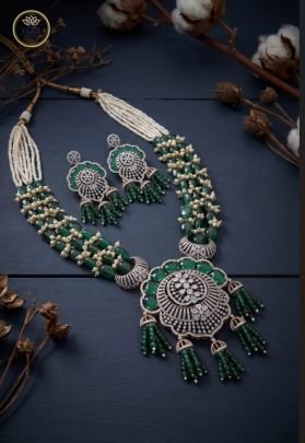 Divine Jewellery Emerald Pearl Heritage Long Necklace Set with Temple Medallion & Beaded Tassels
