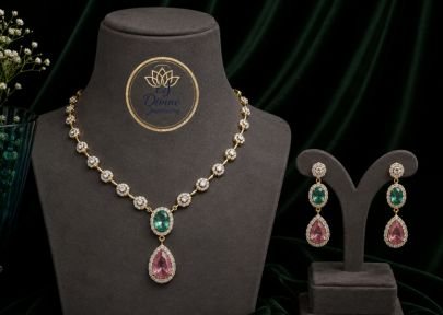 Divine Jewellery Emerald & Pink Stone Pendant Necklace Set for Women | Gold-Plated Silver Base Designer Jewellery with Matching Drop Earrings