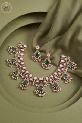 Divine Jewellery Emerald Polki Pearl Drop Bridal Necklace Set with Earrings