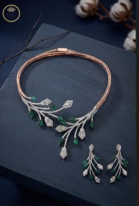 Divine Jewellery Emerald Vine Diamond-Style Rose Gold Collar Necklace Set