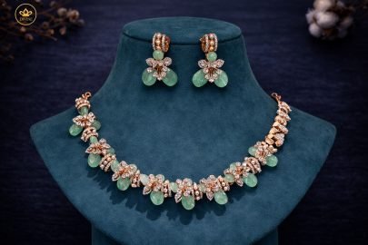 Divine Jewellery Floral Crystal Necklace Set with Green Drop Stones & Matching Earrings