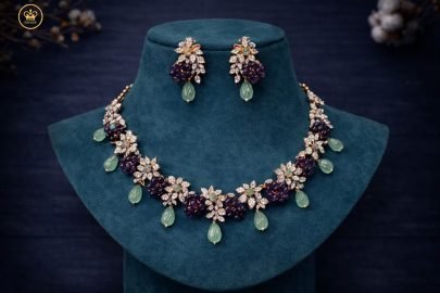 Divine Jewellery Floral Crystal Necklace Set with Amethyst Purple Stones & Mint Green Drop Beads