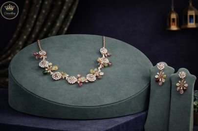 Divine Jewellery Floral Diamond-Style Necklace Set with Multicolor Gemstone Drops