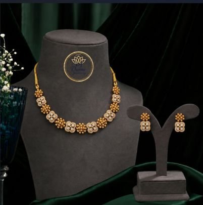 Divine Jewellery Floral Diamond Style Necklace Set with Earrings for Women | Gold Plated Silver Party Wear Jewellery