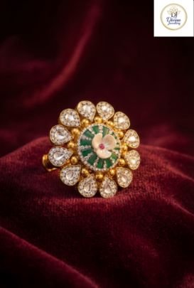 Divine Jewellery Floral Kundan Statement Ring with Green Enamel & Pearl Detailing in 92.5 Silver with Gold Plating