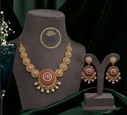 Divine Jewellery Floral Temple Pendant Necklace Set with Earrings for Women | 92.5 Silver Gold Plated Jewellery
