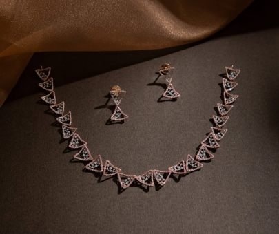 Divine Jewellery Geometric Triangle Diamond-Style Rose Gold Necklace Set with Matching Stud Earrings