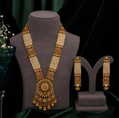 Divine Jewellery Gold Plated 92.5 Silver Pearl Long Haram Necklace Set with Designer Earrings