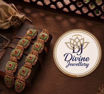 Divine Jewellery Gold Plated Green Stone Antique Bracelet in 92.5 Silver