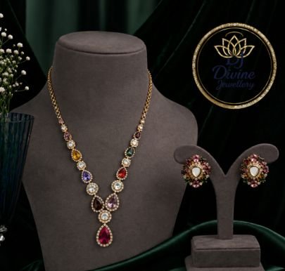 Divine Jewellery Gold Plated Multicolor Crystal Pendant Necklace Set with Stud Earrings for Women