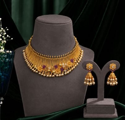 Divine Jewellery Gold Plated Pearl Choker Necklace Set with Jhumka Earrings
