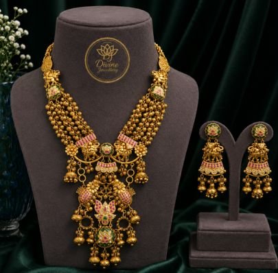 Divine Jewellery Gold Plated Temple Lakshmi Long Haram Necklace Set with Designer Earrings