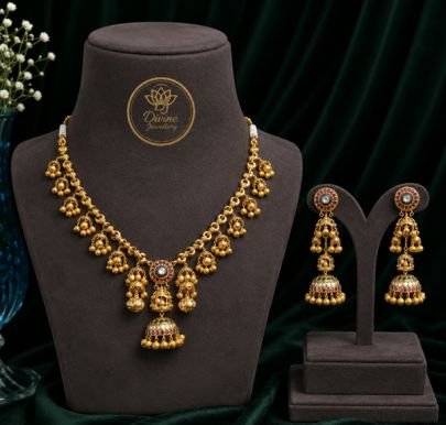 Divine Jewellery Gold Plated Traditional Jhumki Necklace Set with Matching Earrings