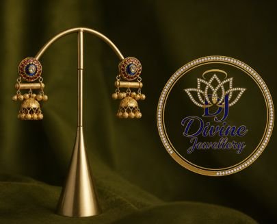 Divine Jewellery Gold-Plated Traditional Jhumka Earrings in 92.5 Silver with Ruby & Blue Stone Detailing