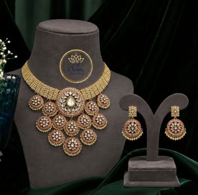 Divine Jewellery Gold-Plated Traditional Bridal Necklace Set in 92.5 Silver with Kundan & Pink Stone Work