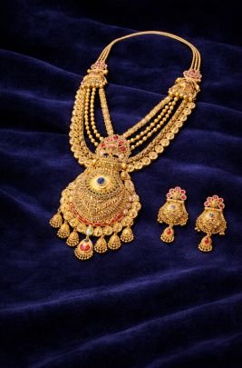 Divine Jewellery Grand Antique Multi-Layer Bridal Haar Set with Temple Pendant & Kundan Detailing in 92.5 Silver with Gold Plating