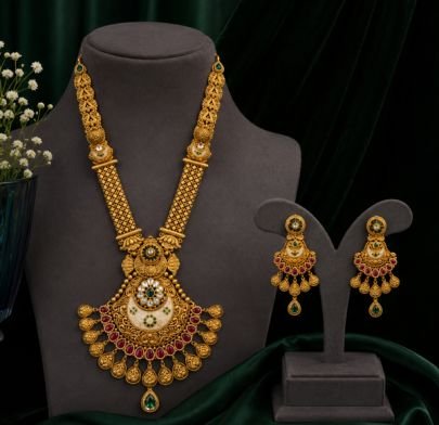Divine Jewellery Grand Antique Gold Plated Long Haram Necklace Set for Women | Traditional Temple Pendant Jewellery with Matching Earrings | Bridal Et