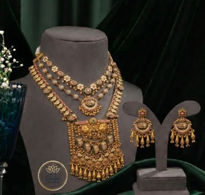 Divine Jewellery Grand Antique Layered Temple Necklace Set for Women | Gold Plated Bridal Jewellery with Earrings | Divine Jewellery