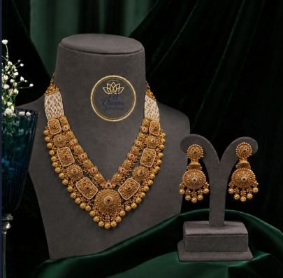 Divine Jewellery Grand Antique Bridal Necklace Set with Jhumka Earrings | Gold Plated Silver Temple Jewellery