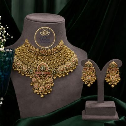 Divine Jewellery Grand Antique Bridal Choker Necklace Set with Earrings for Women | Gold Plated Silver Temple Jewellery