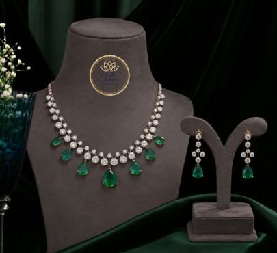 Divine Jewellery Green Emerald Drop Necklace Set in 92.5 Silver with Gold Plating | Luxury CZ Diamond Bridal Necklace with Matching Earrings