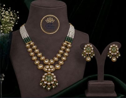 Divine Jewellery Green Kundan Pendant Necklace Set with Earrings for Women | 92.5 Silver Gold Plated Traditional Bridal Haar