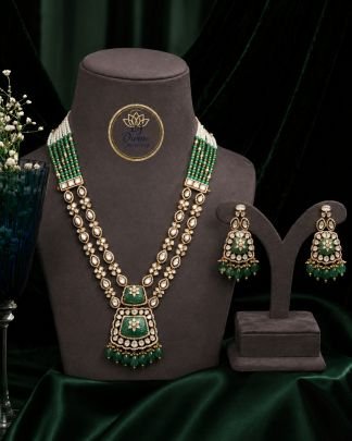 Divine Jewellery Green Kundan Long Necklace Set with Matching Earrings for Women | Traditional Gold Plated Bridal Jewellery | Divine Jewellery