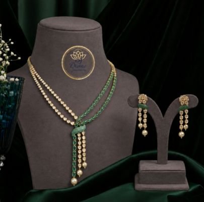 Divine Jewellery Green Stone Layered Necklace Set for Women | Gold Plated Pearl Drop Pendant Necklace with Matching Earrings | Traditional Wedding & P