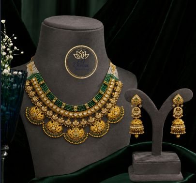 Divine Jewellery Green Temple Choker Necklace Set with Jhumka Earrings for Women | 92.5 Silver Gold Plated Bridal Jewellery