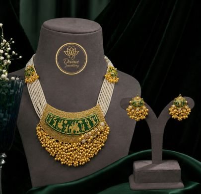 Divine Jewellery Heritage Pearl Layered Green Meenakari Gold-Plated 92.5 Silver Statement Necklace Set