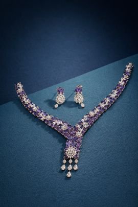 Divine Jewellery Imperial Amethyst V-Line Necklace Set with Floral Diamond Accents & Teardrop Danglers
