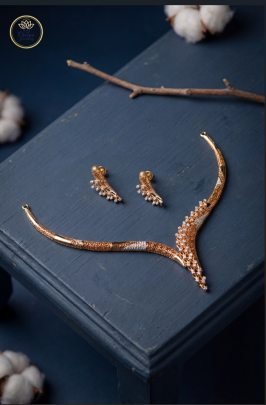 Divine Jewellery Imperial Curve Rose Gold Sculpted Collar Necklace Set with Crystal Leaf Accent